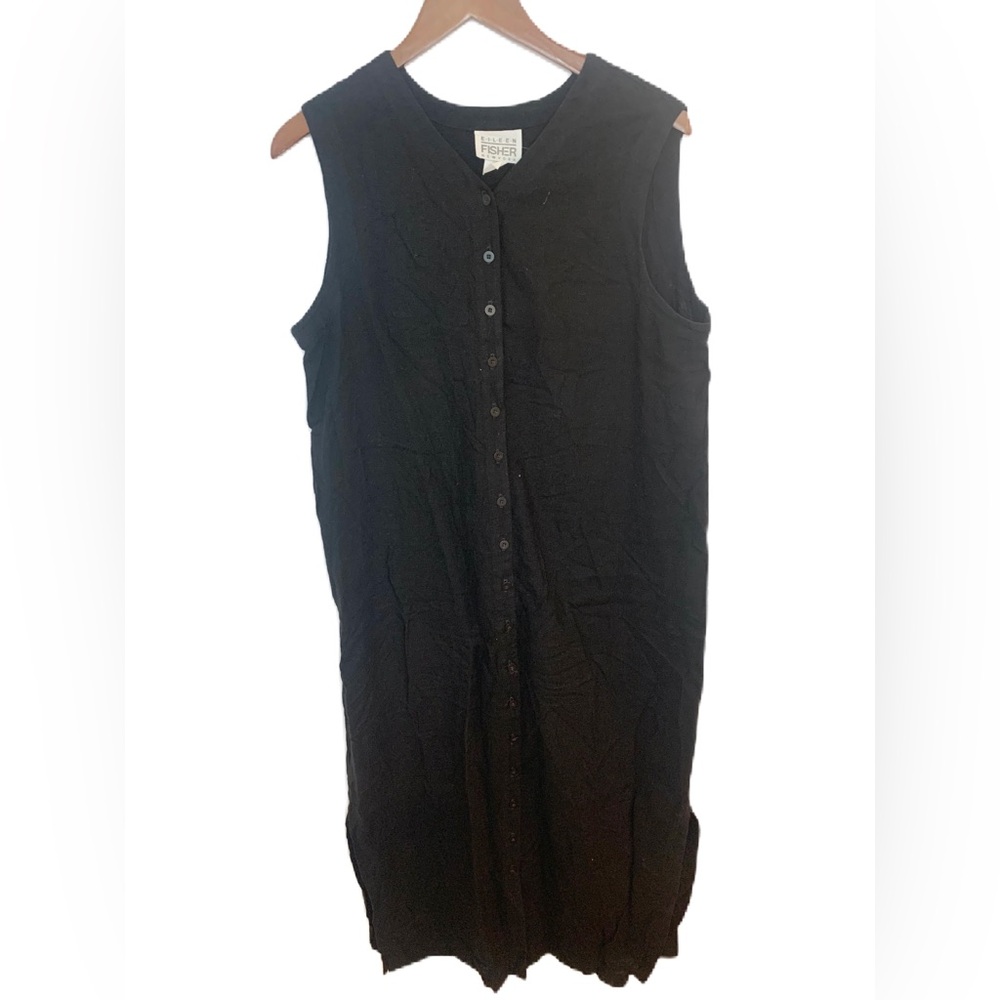 Vintage Eileen Fisher Linen Blend Maxi Dress M/L Black Full Button Sleeveless